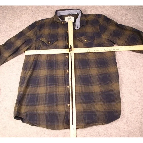Tallwoods Filmore Flannel Shirt Mens Medium Olive Green Navy Blue Plaid - Picture 6 of 6